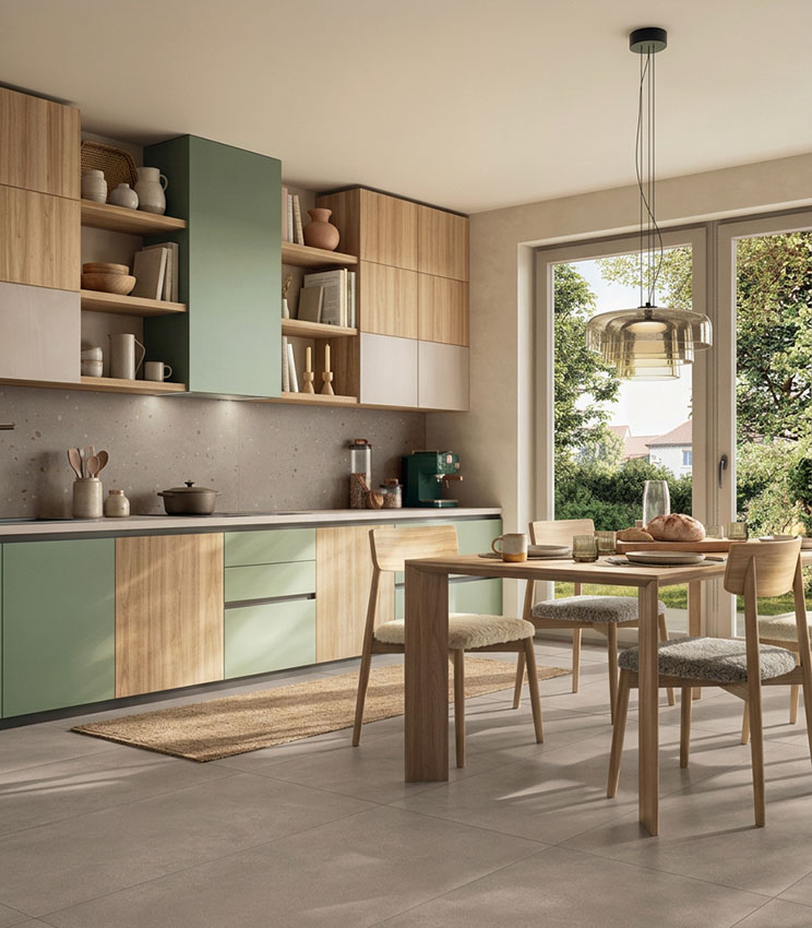 Contemporary kitchen featuring surfaces from the Formula Form Jute and Seed Jute collections, furnished with wood and sage green cabinetry, a light wood dining table and chairs, a pendant lamp and large windows overlooking the garden.