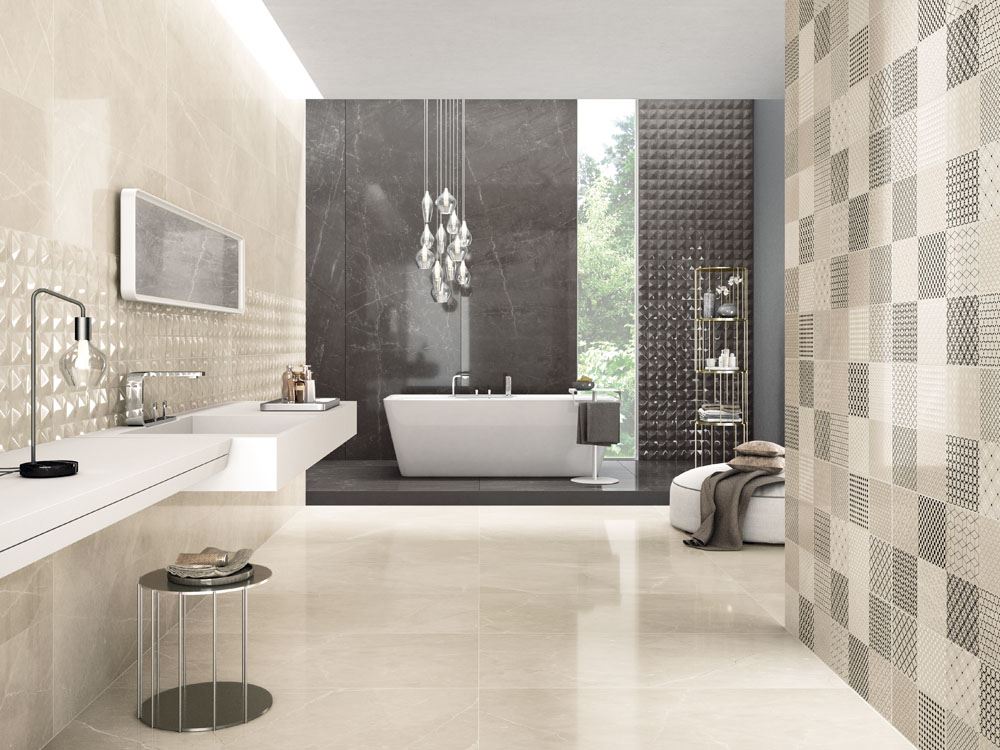 Trilogy Marble Effect For An Elegant Bathroom The Wall Decorated With Swing Onyx Light 35x100 Cm Format Adds Brilliance To Natural And Artificial Lighting Of Bathroom